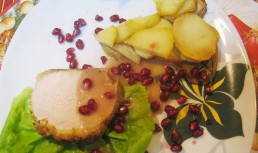 File de porc cu suc de portocale in crusta cu cartofi fondanti si sos Bordelaise