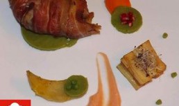 Prepelita invelita in bacon cu jeleu de mazare si cartofi