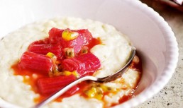 Budinca De Orez Cu Ciocolata Alba, Compot De Rubarba Si Fructul Pasiunii