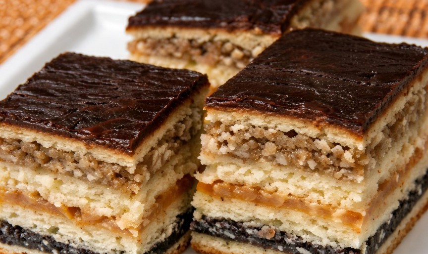 Prăjitură de casă cu foi fragede și trei umpluturi: mac, nucă și gem de caise