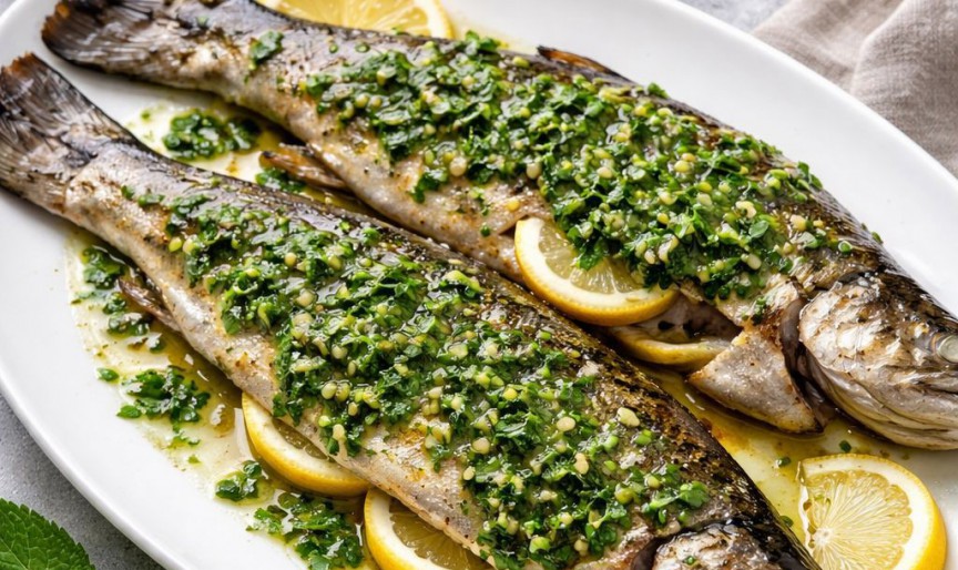 Păstrăv cu sos de mentă și pătrunjel